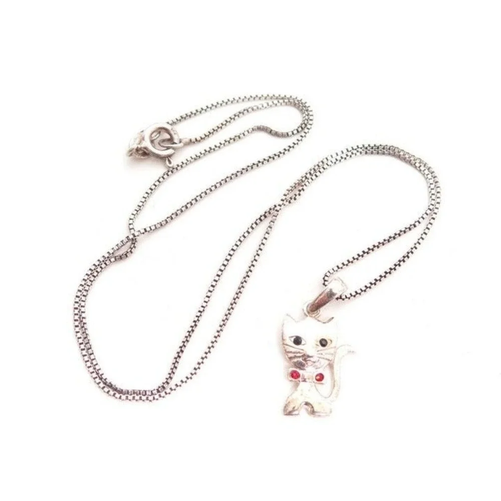 Sterling Silver Kitty‎ Cat Pendant Charm Chain Necklace